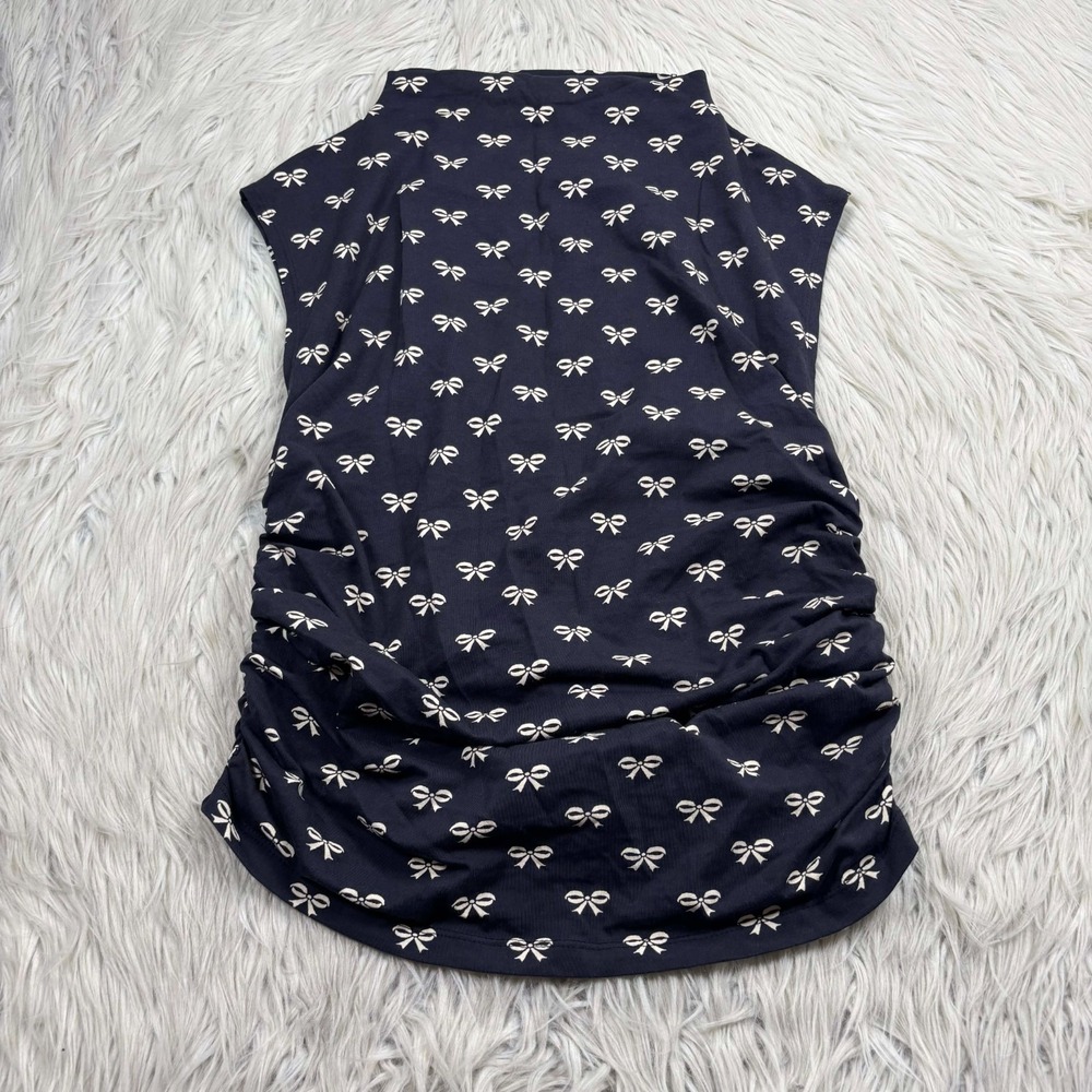 Maeve Women's M Black Bow Print Ruched Sleeveless Top Feminine Retro